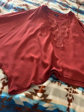 Buckle Lace-Trim V-Neck Blouse in Rust